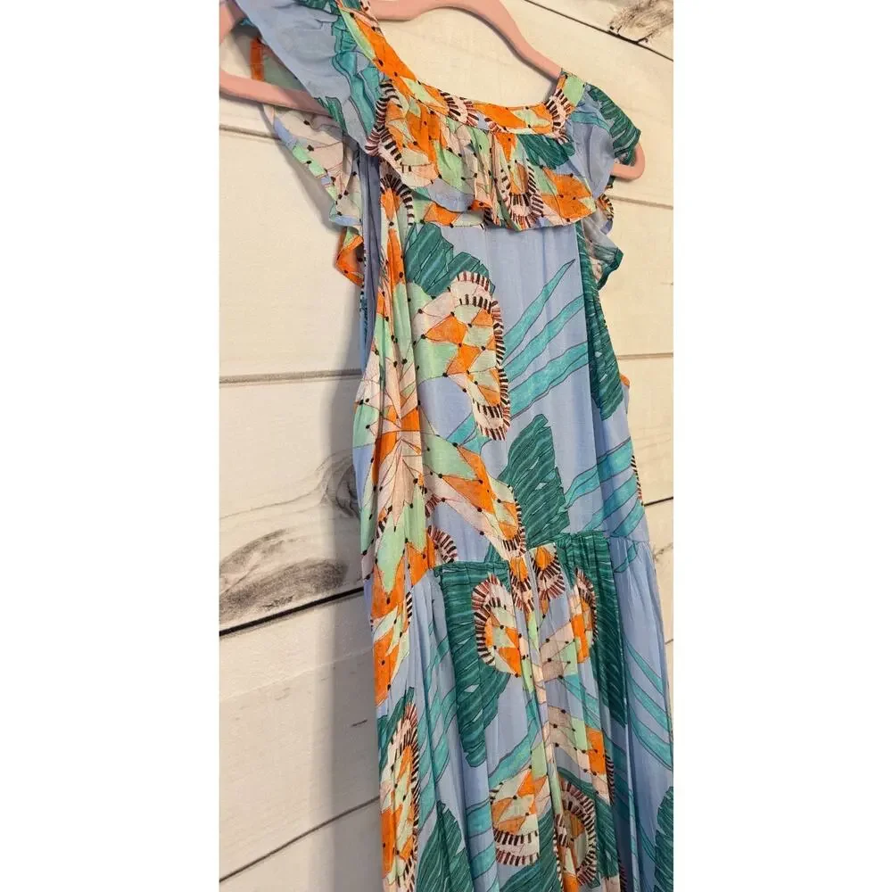 Oliphant Size Large Maxi Dress Sleeveless Fun Flirty Ruffles Tropical - Picture 3 of 6